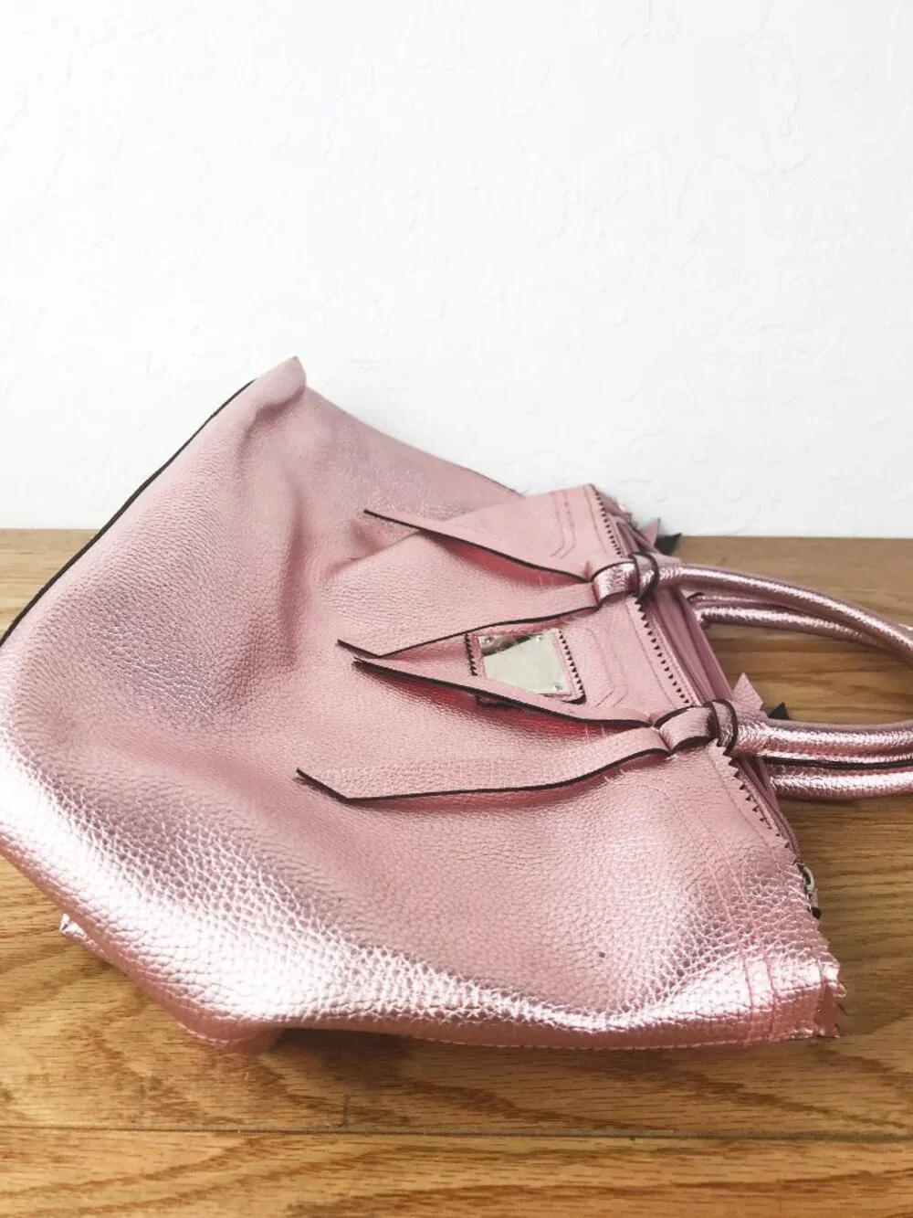 Victoria’s Secret Metallic Pink Tote Bag – Pebbled Faux Leather with Logo Plaque
